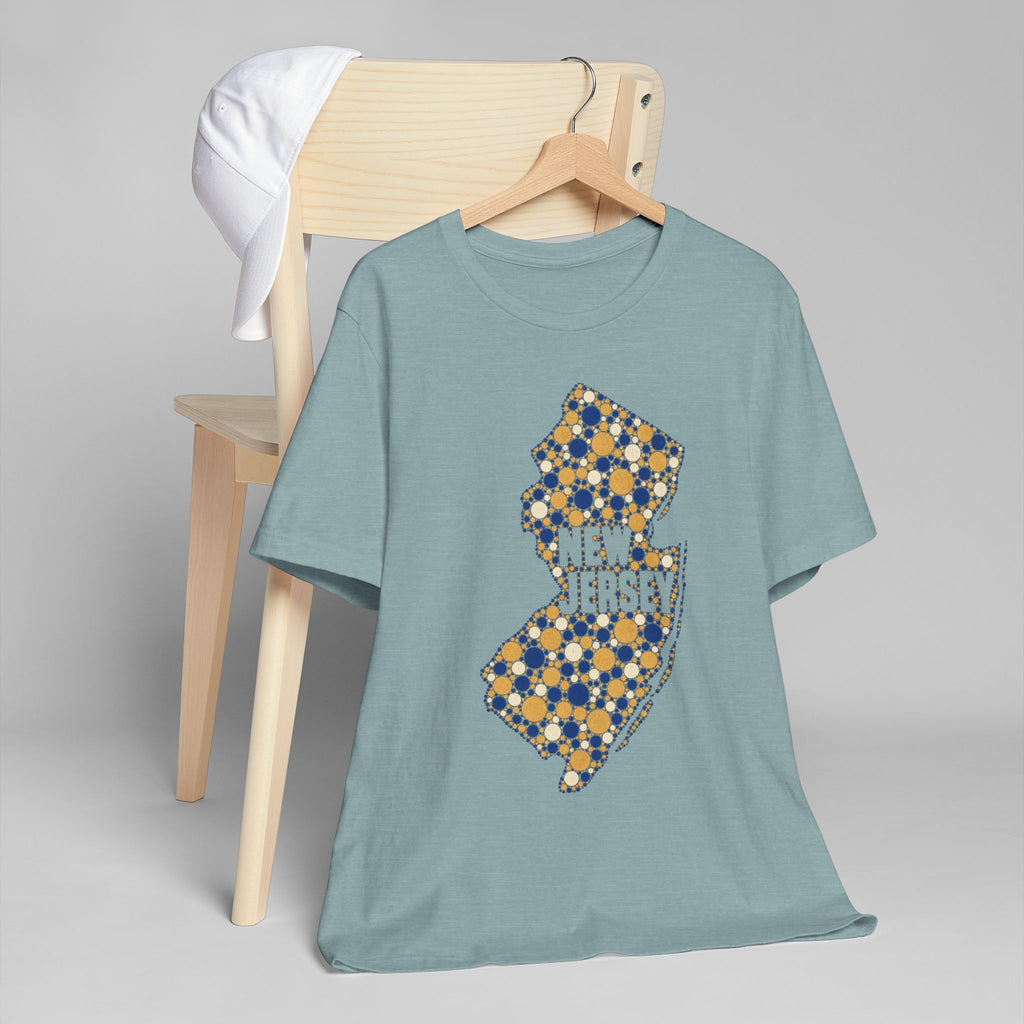 Teal crewneck T-shirt with dotted New Jersey floral map graphic