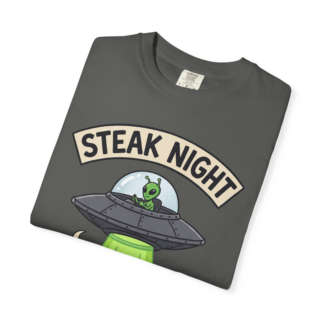 Dark gray T-shirt with 'Steak Night' UFO graphic, green alien and cow