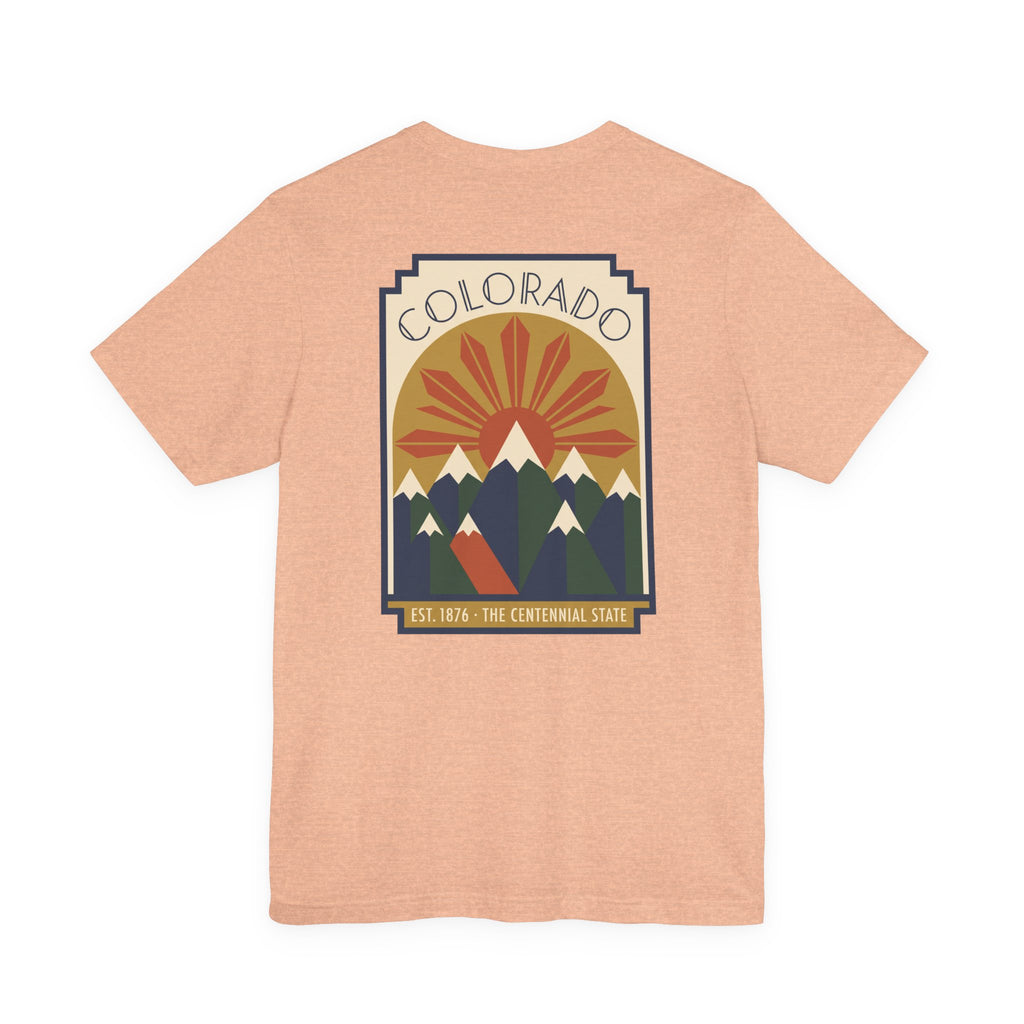 Peach T-shirt with Colorado sunset mountain graphic front print