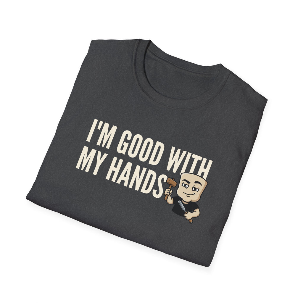 Charcoal T-shirt with crew neck, 'I'M GOOD WITH MY HANDS' print and cartoon builder