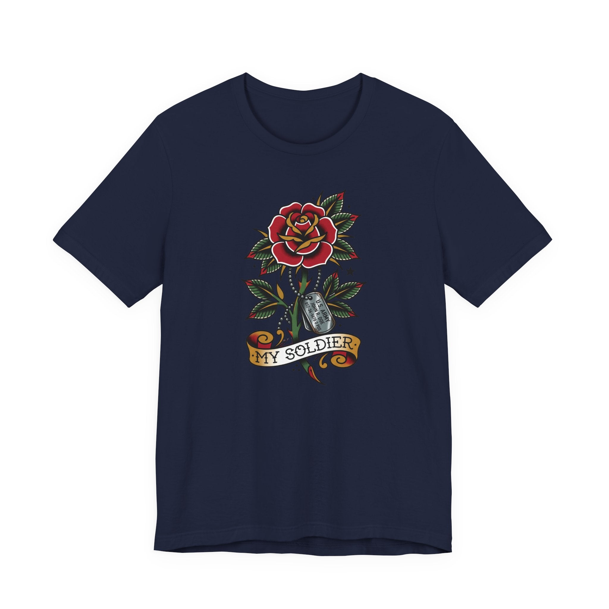 Navy T-shirt with rose and dog tag graphic reading “MY SOLDIER”