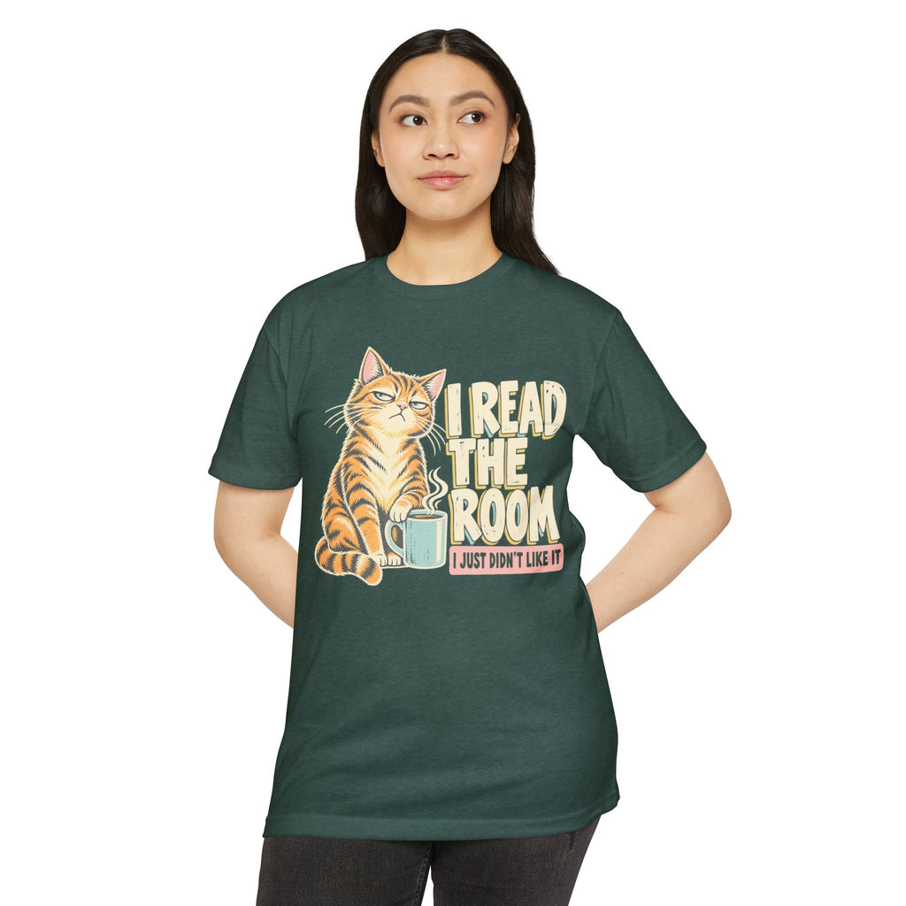 Dark green cat T-shirt with orange kitten and "I Read the Room" front graphic