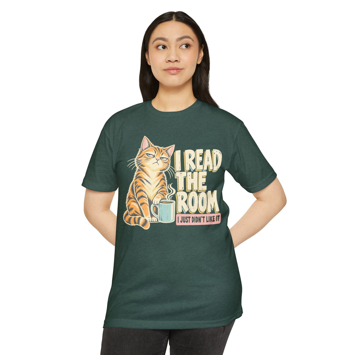 Dark green cat T-shirt with orange kitten and "I Read the Room" front graphic