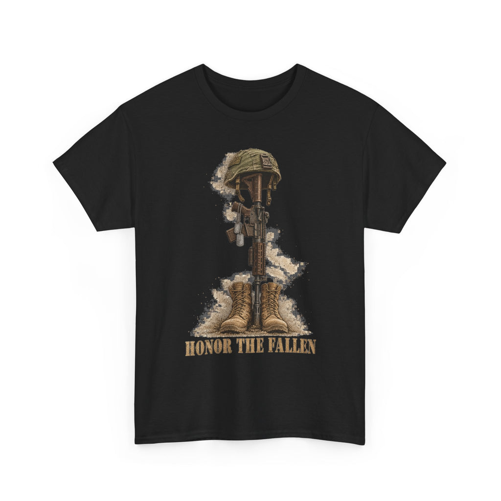 Black crew-neck T-shirt with fallen soldier helmet, rifle, boots graphic and “HONOR THE FALLEN”