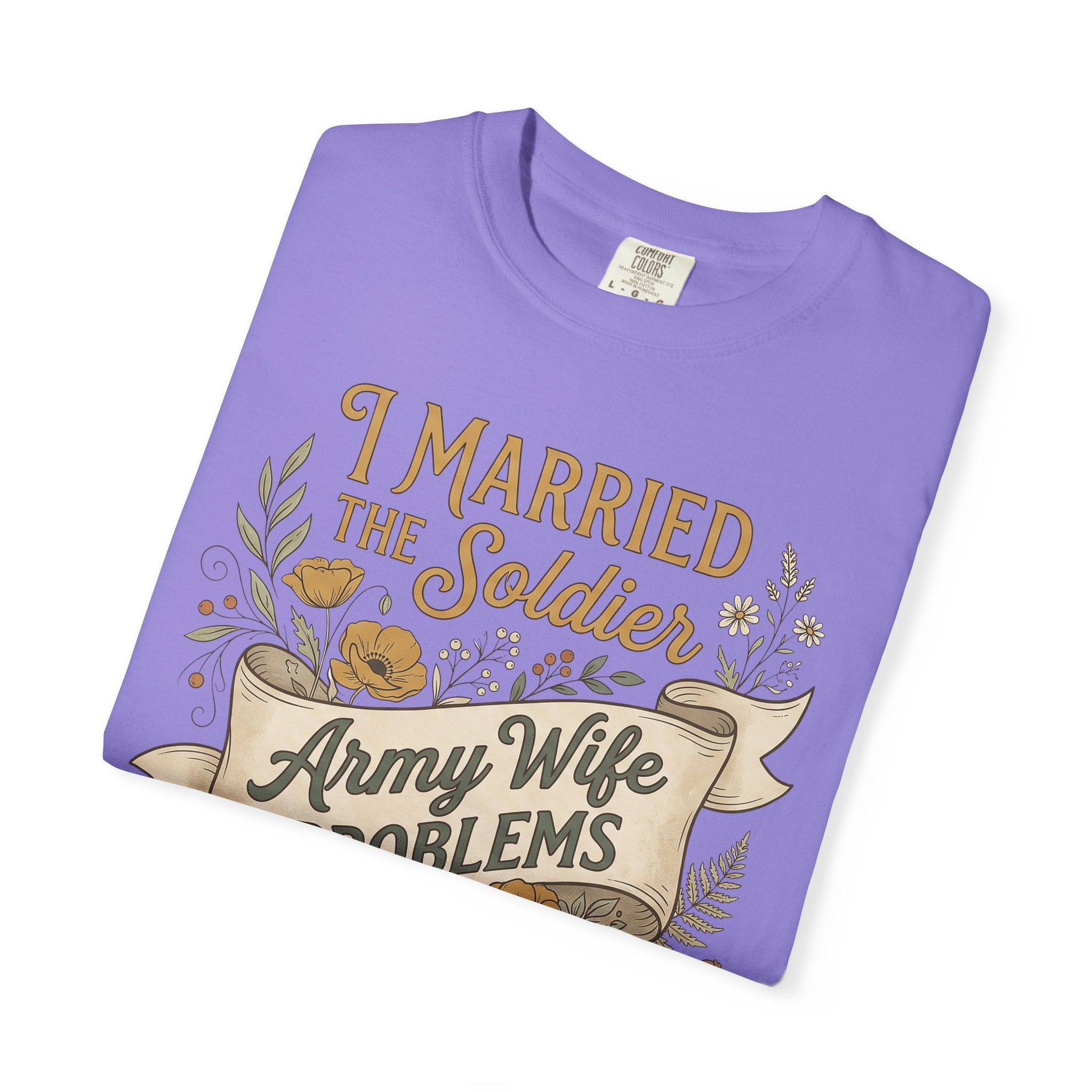 Light purple T-shirt with floral “I Married the Soldier” front graphic
