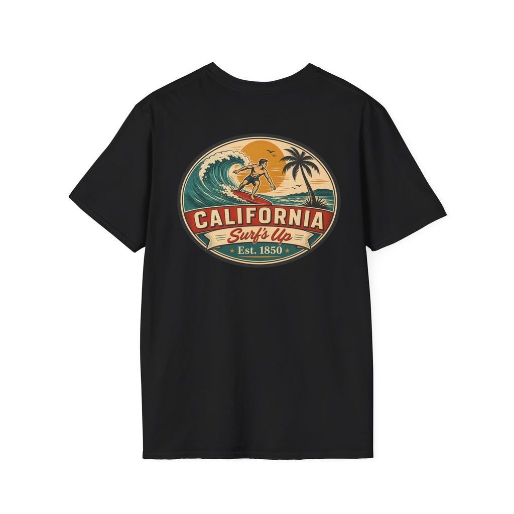 Black California Surfs Up T-shirt with oval surf graphic on chest