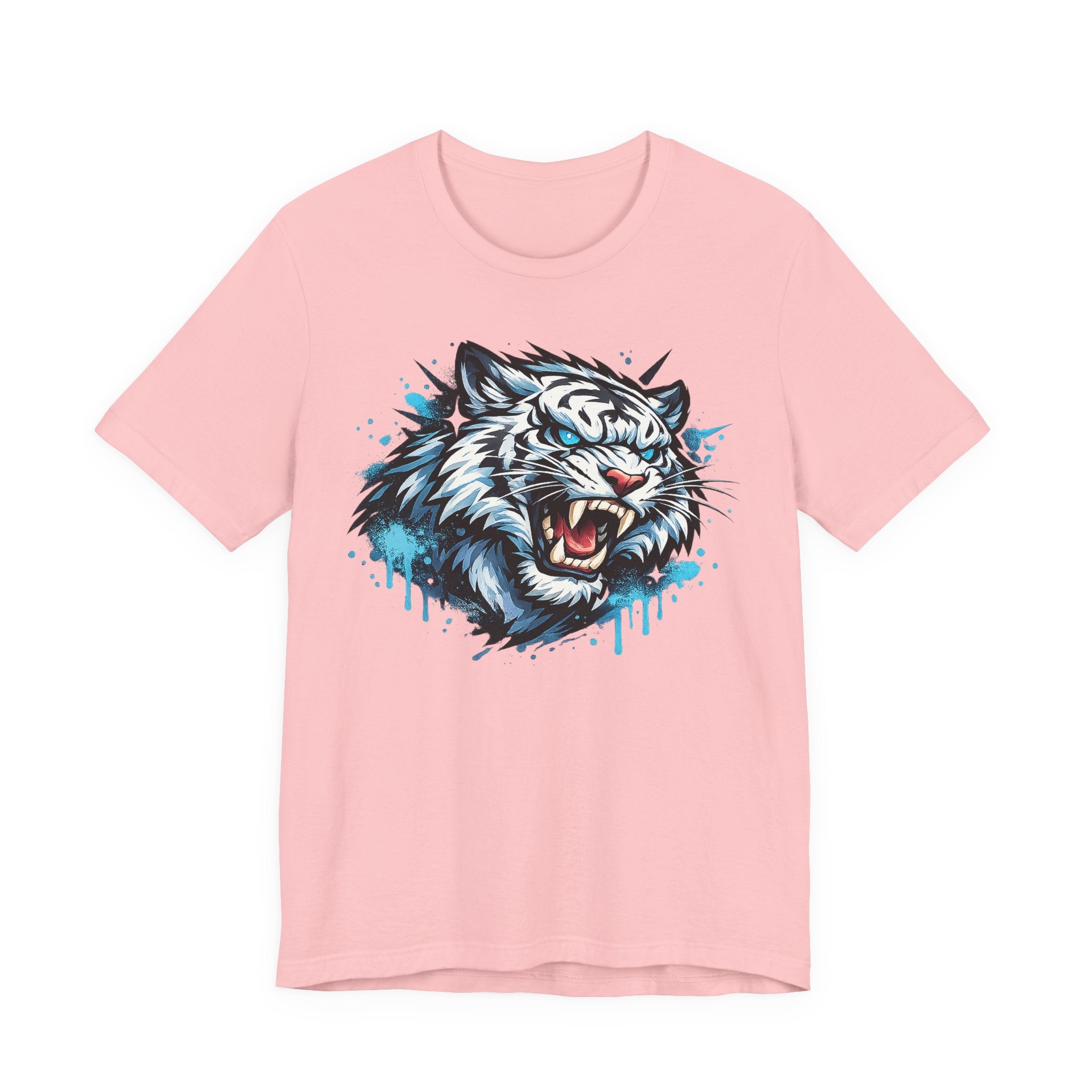 Light pink crew-neck T-shirt with roaring tiger head graphic and blue drip details