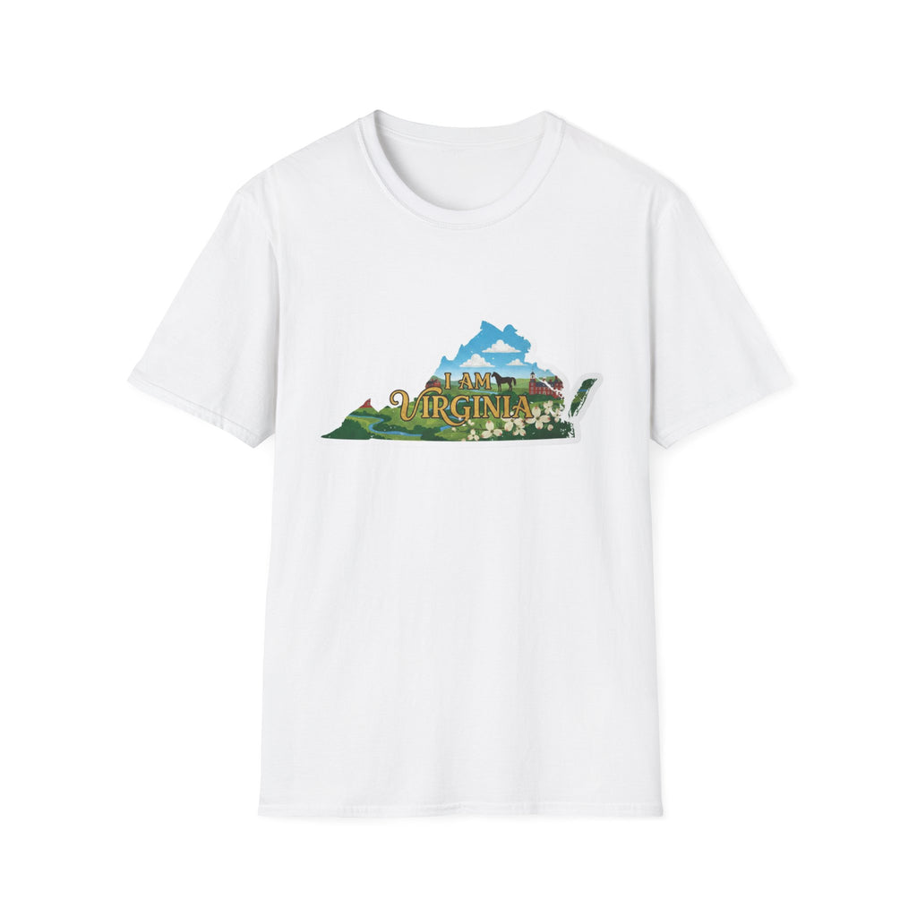 White t-shirt with “I AM VIRGINIA” scenic state outline graphic
