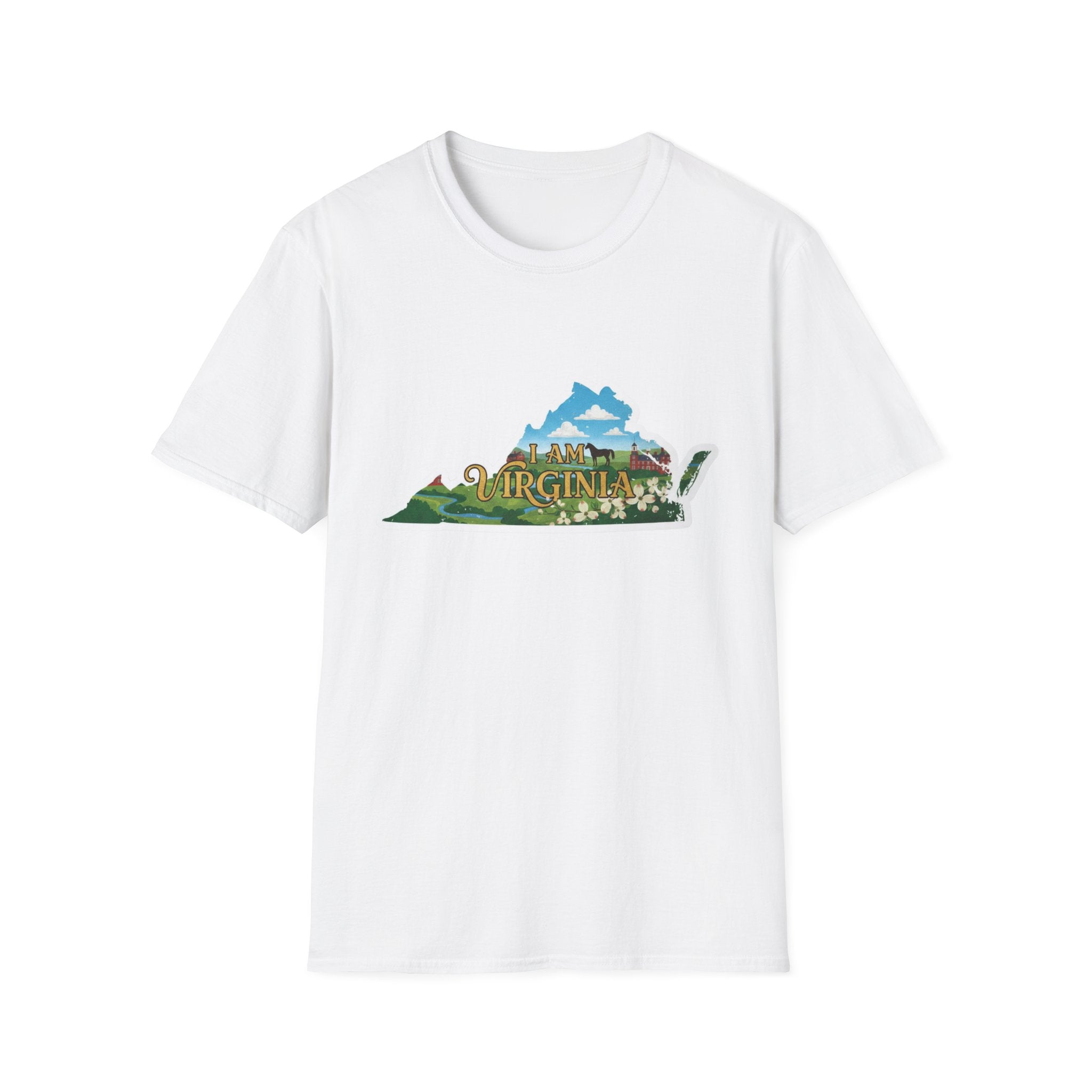 White t-shirt with “I AM VIRGINIA” scenic state outline graphic