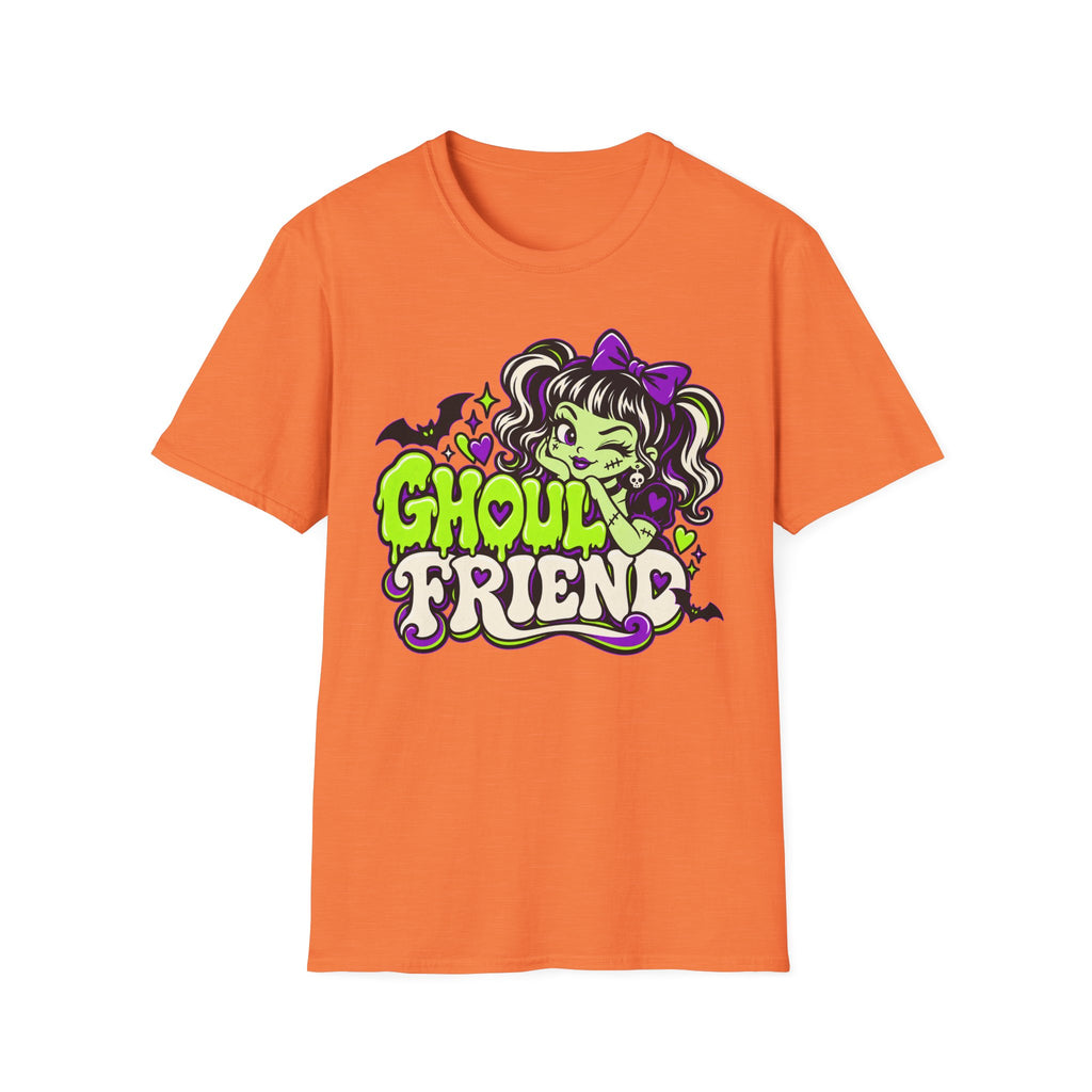 Orange Halloween graphic t-shirt with cute monster girl “Ghoul Friend” logo