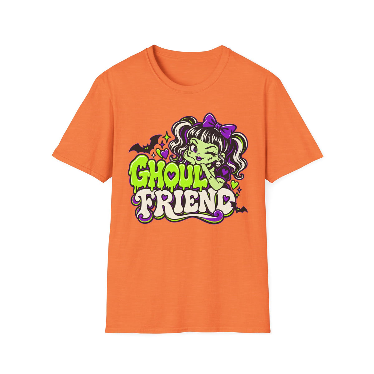 Orange Halloween graphic t-shirt with cute monster girl “Ghoul Friend” logo