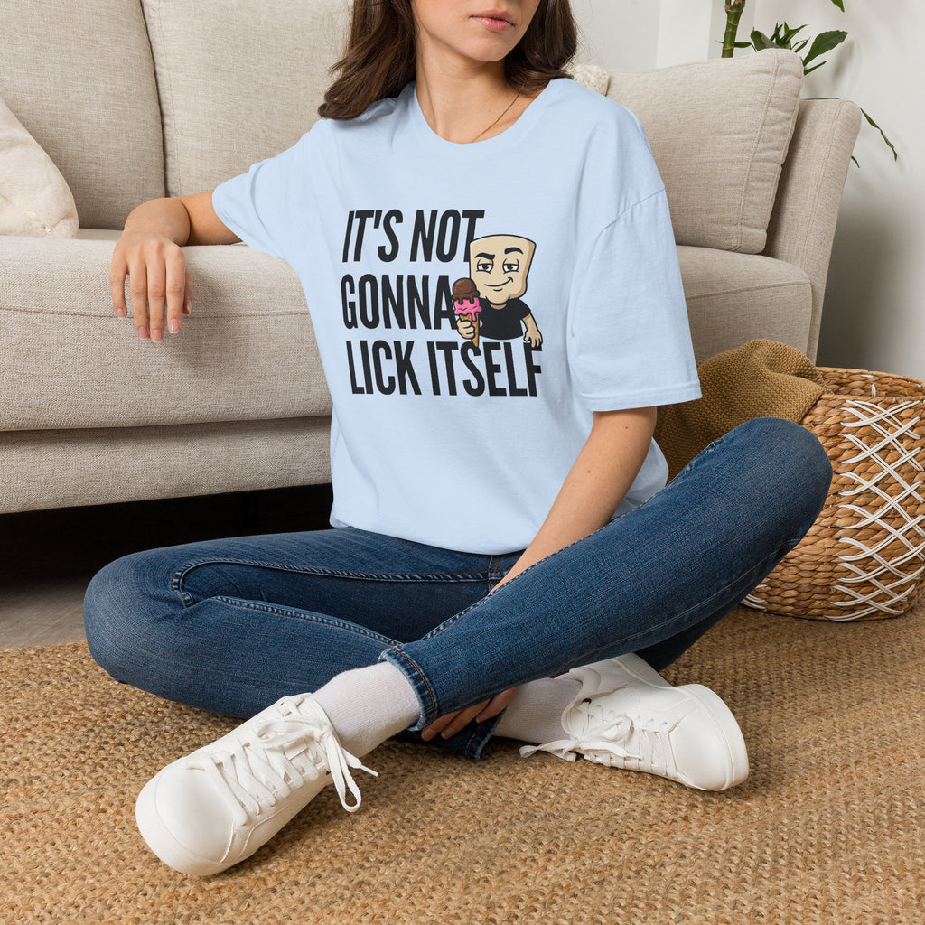 Light blue T-shirt with front graphic text and cartoon character.