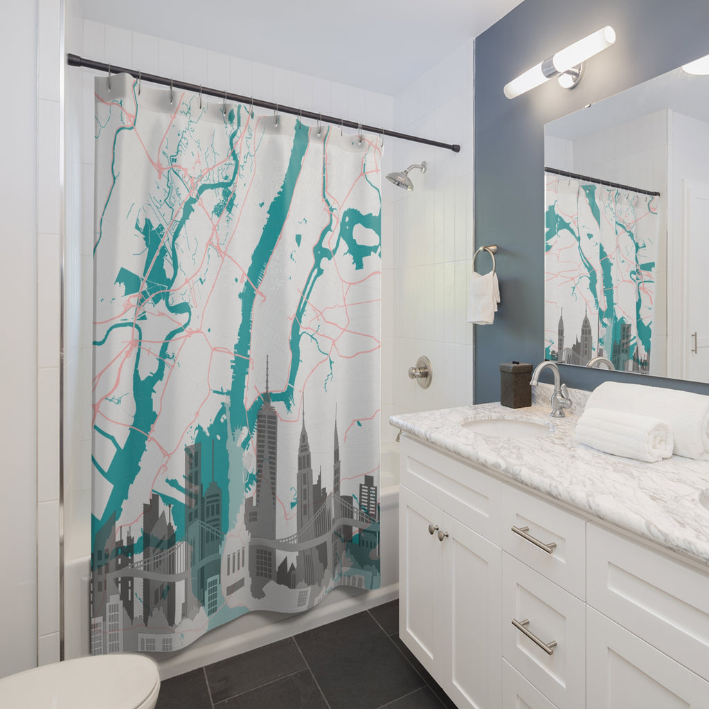Teal city map shower curtain shown in bathroom, skyline and red street network