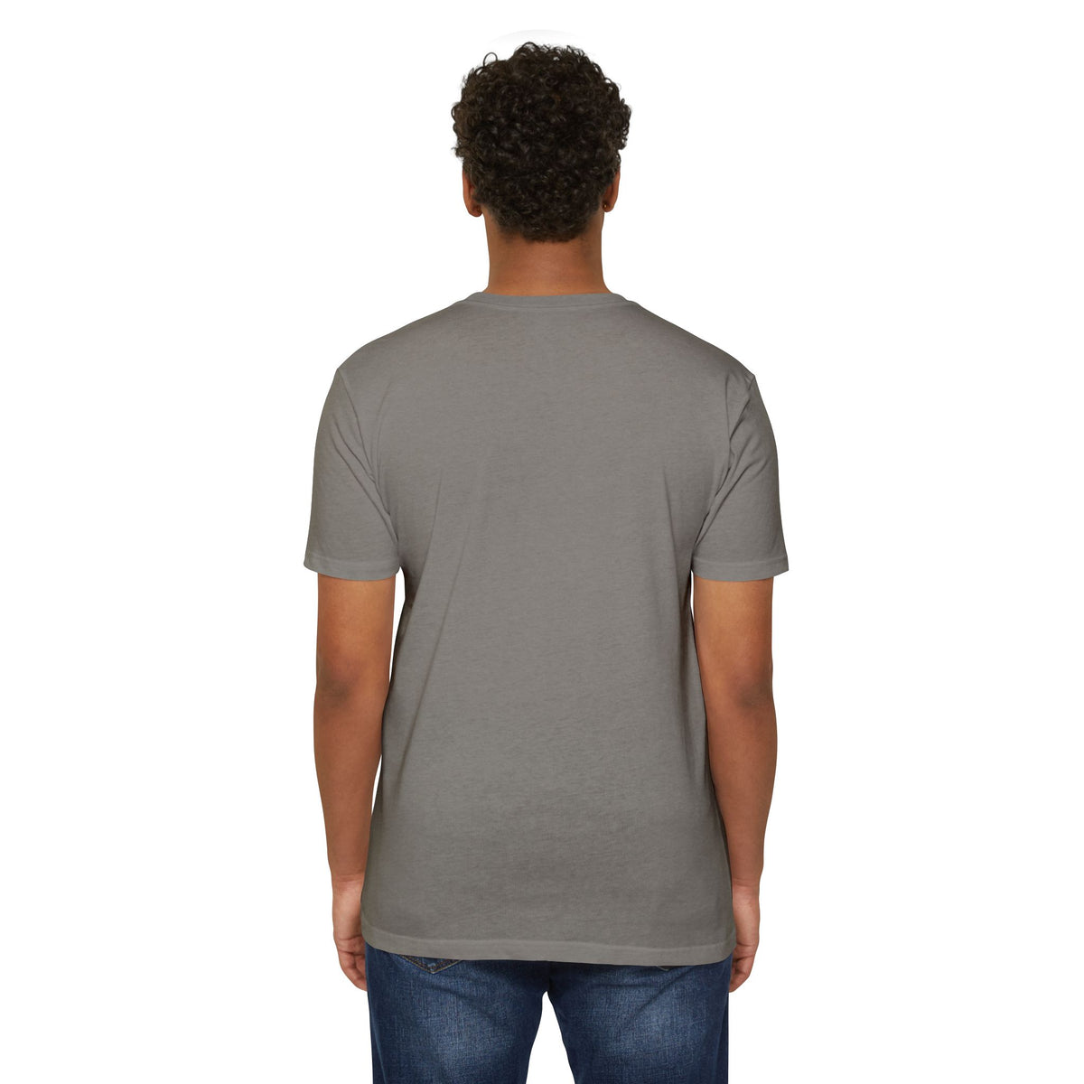 Dark gray crew-neck T-shirt, blank back with short sleeves