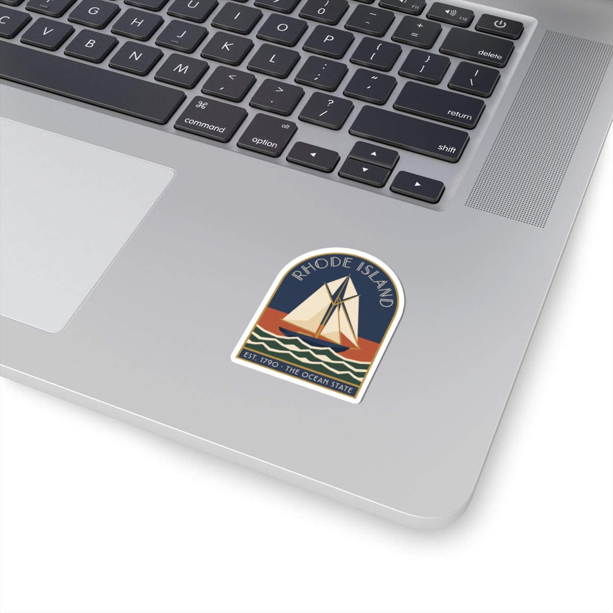 White square sailboat sticker with Rhode Island text and ocean scene