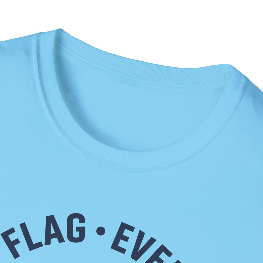 Sky blue crew-neck t-shirt with partial "FLAG EVERY ERA" print near chest