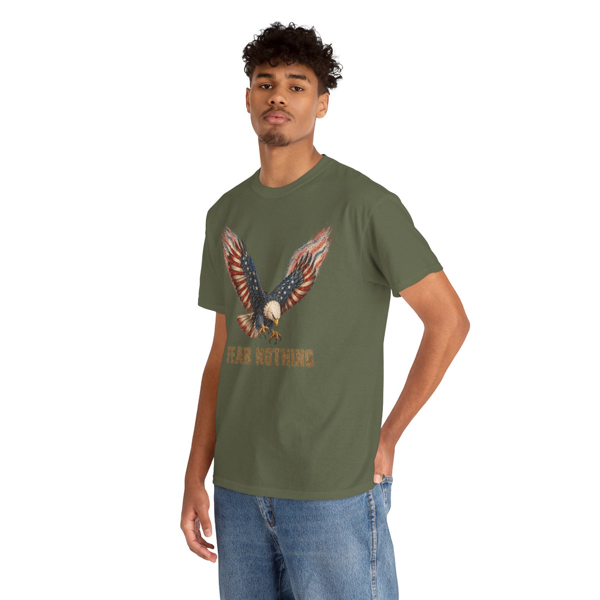 Olive green crew-neck T-shirt with eagle wings American flag graphic and “Fear Nothing”