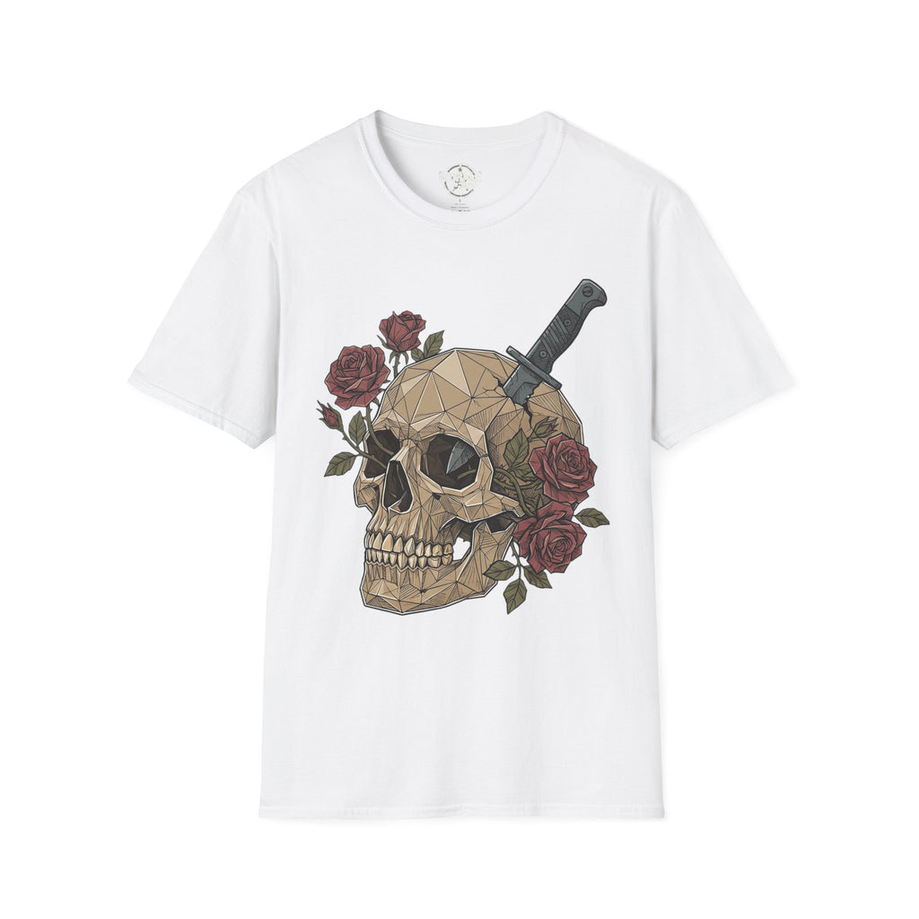 White graphic T-shirt with geometric skull, dagger and roses front print