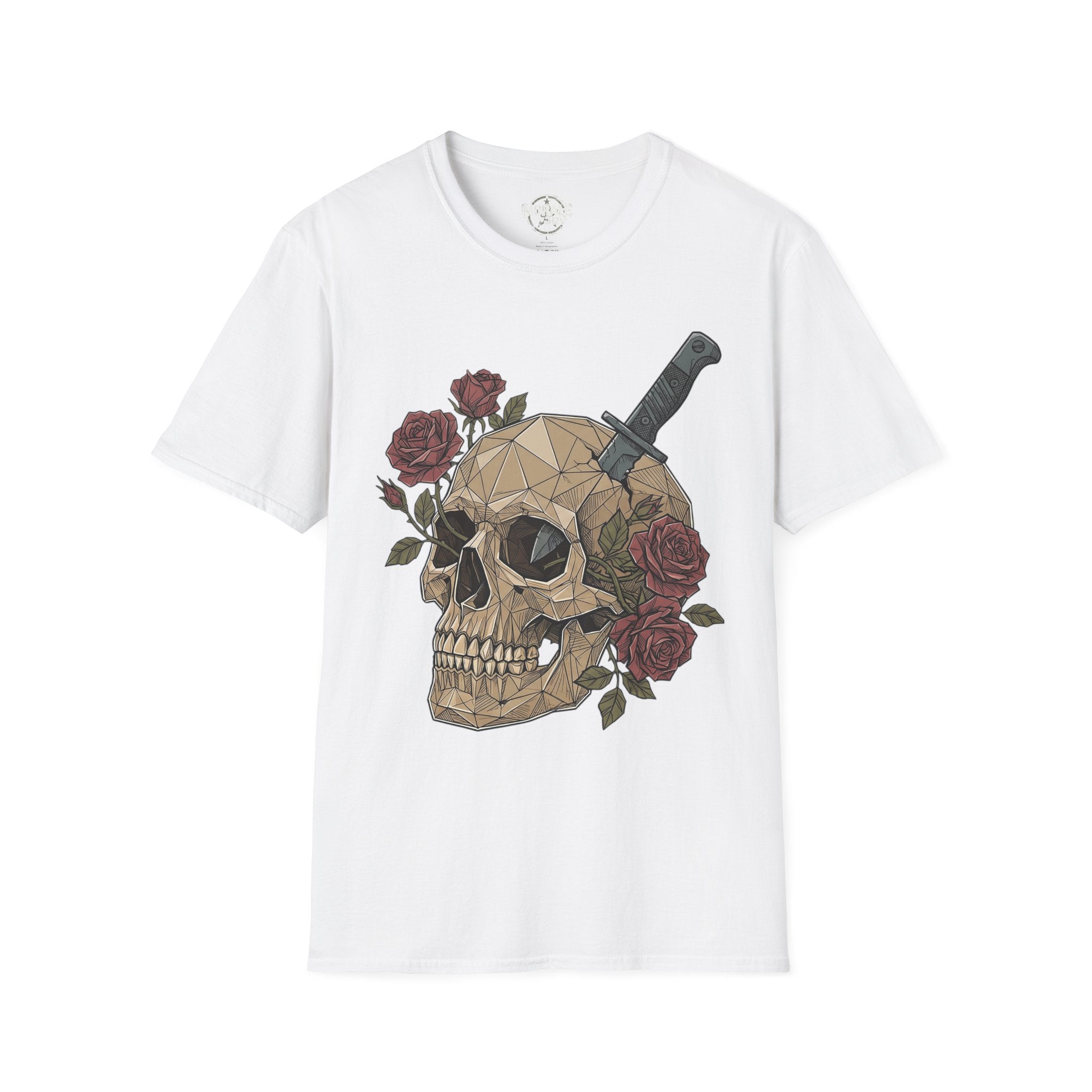 White graphic T-shirt with geometric skull, dagger and roses front print