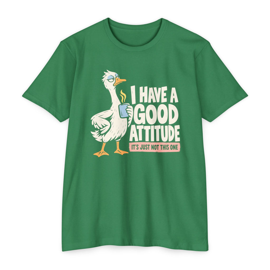 Graphic coffee-themed goose T-shirt, green, 'Have a good attitude' slogan print