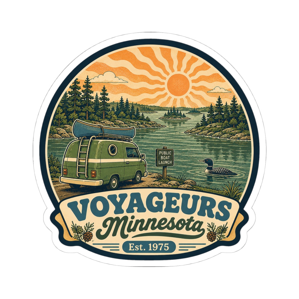 Circular vinyl sticker showing retro camper van, evergreen landscape, orange sun and “Voyageurs Minnesota”