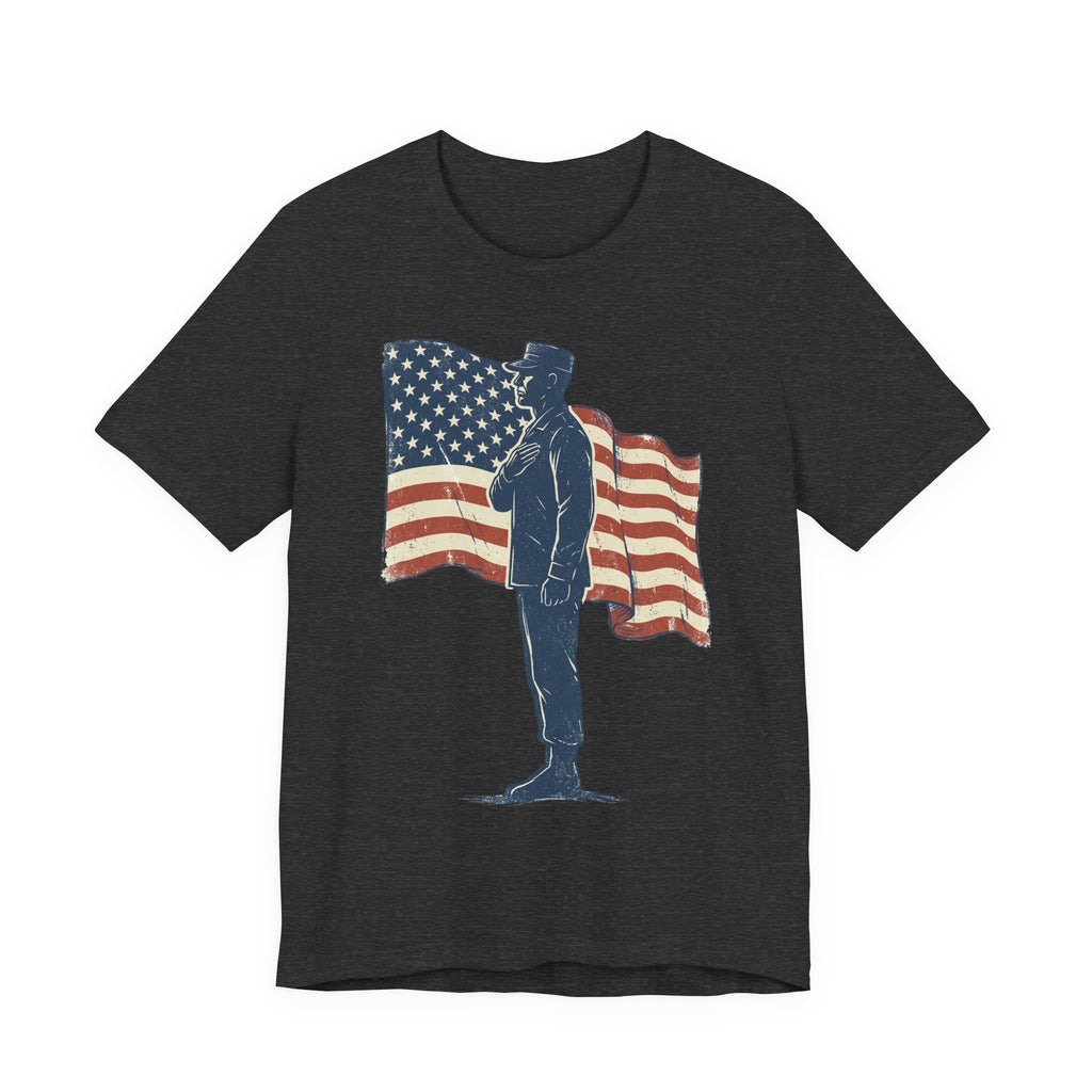 Dark gray crew-neck T-shirt with saluting soldier graphic and American flag print