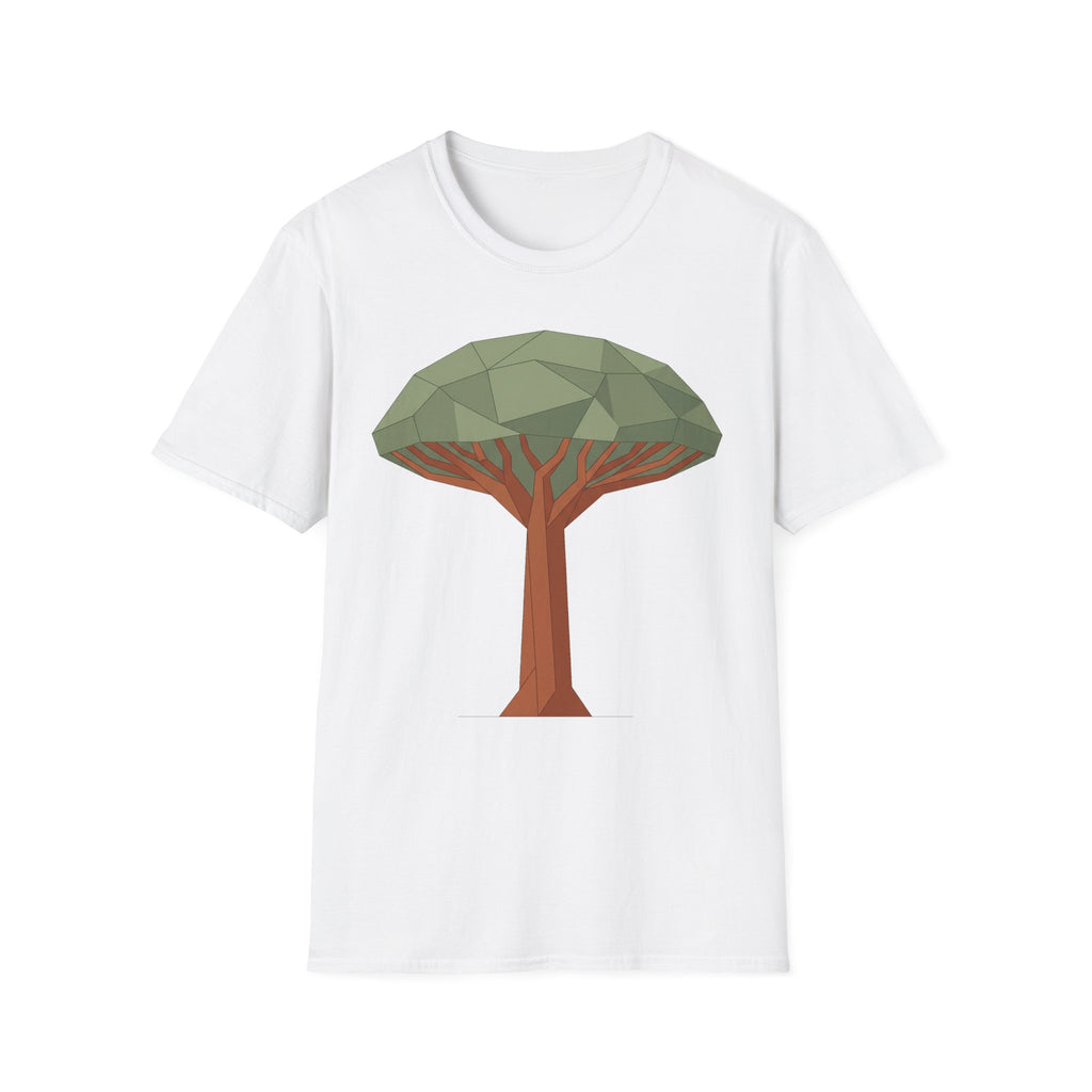 Weiße T‑Shirt mit geometrischem Drachenblutbaum-Grafikmotiv auf der Brust