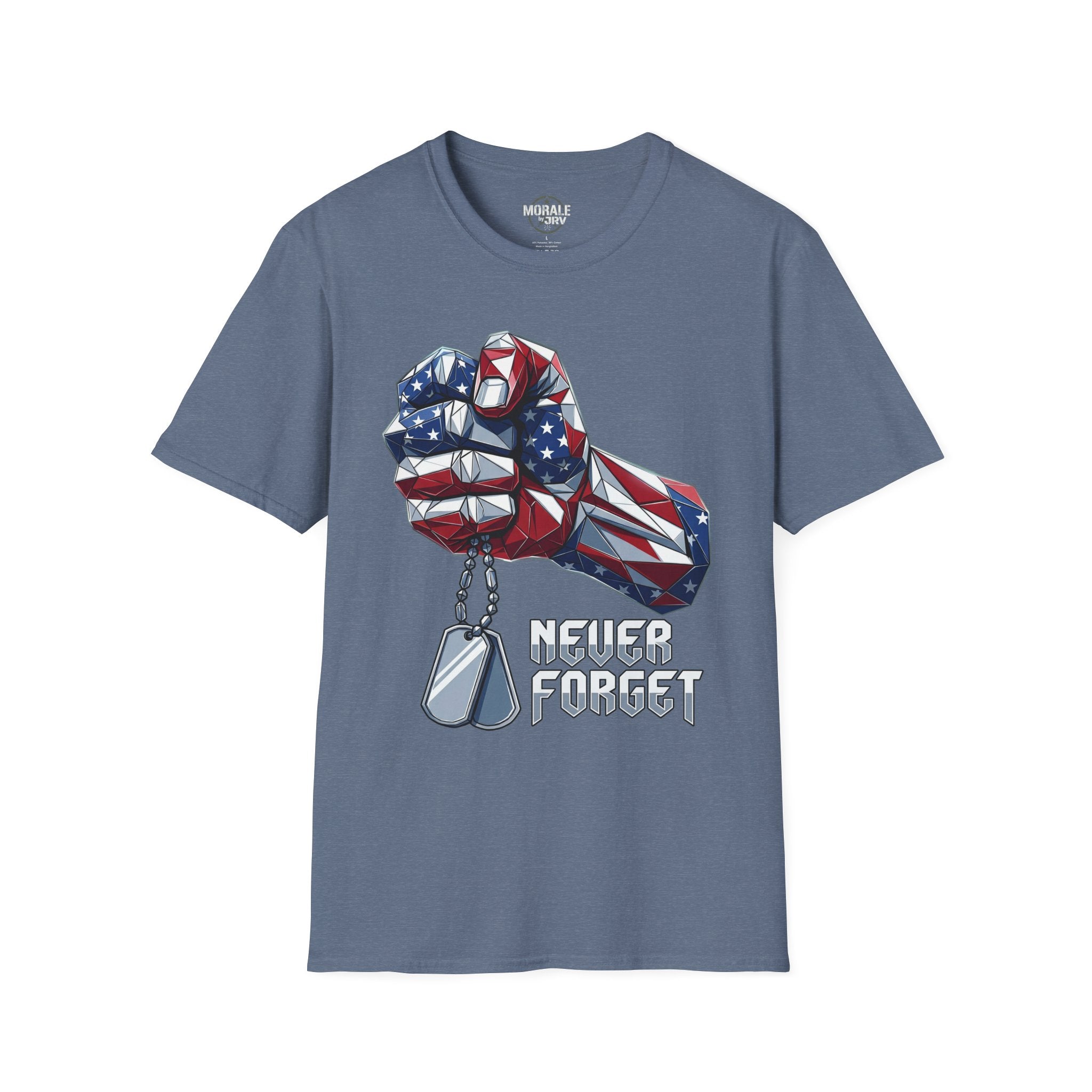 Heather blue T-shirt with patriotic fist, dog tags, and “Never Forget” text