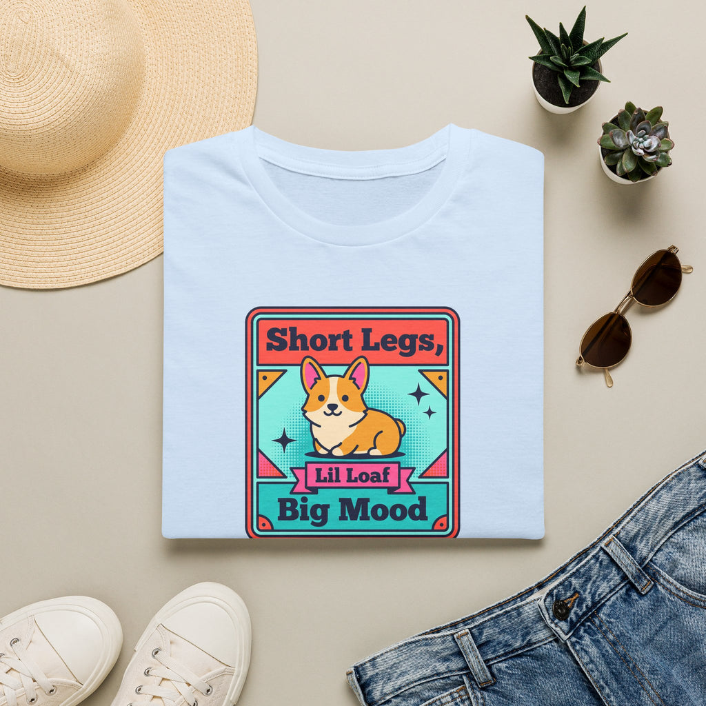 Light blue short-sleeve T-shirt with colorful corgi graphic and “Short Legs” print