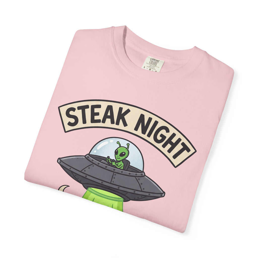 Pink T-shirt with 'Steak Night' UFO and green alien cow graphic