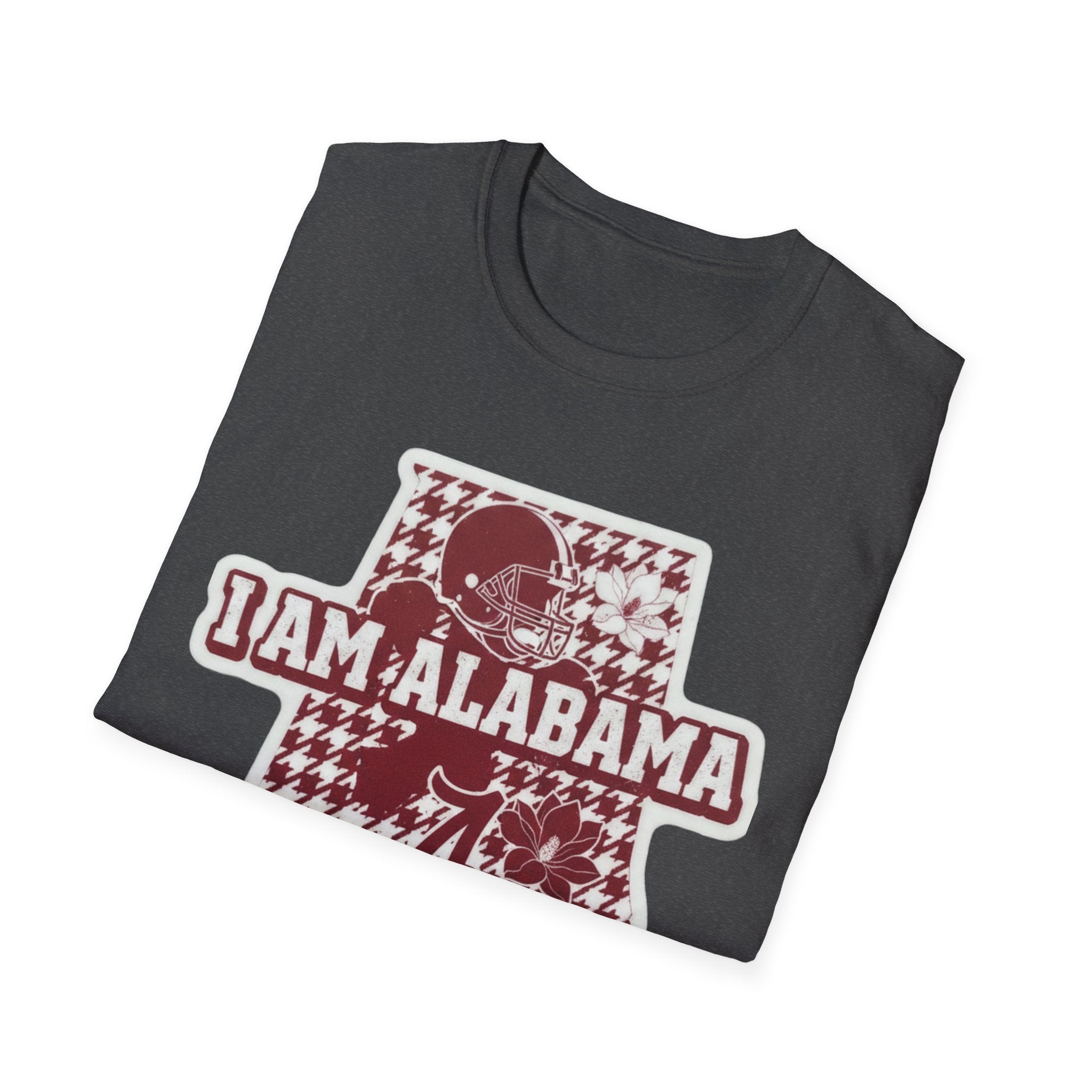 Charcoal T-shirt with I AM ALABAMA houndstooth football graphic in crimson and white