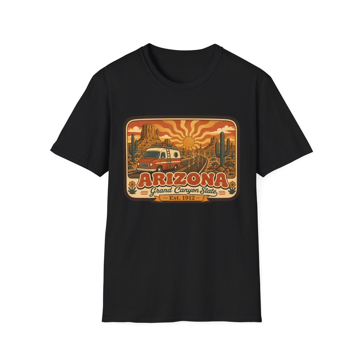 Men’s unisex black T-shirt with Arizona graphic print featuring a camper and desert scene