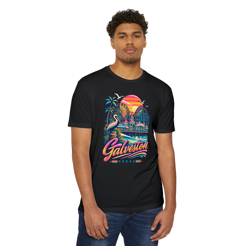 Black T-shirt with colorful Galveston pelican sunset graphic