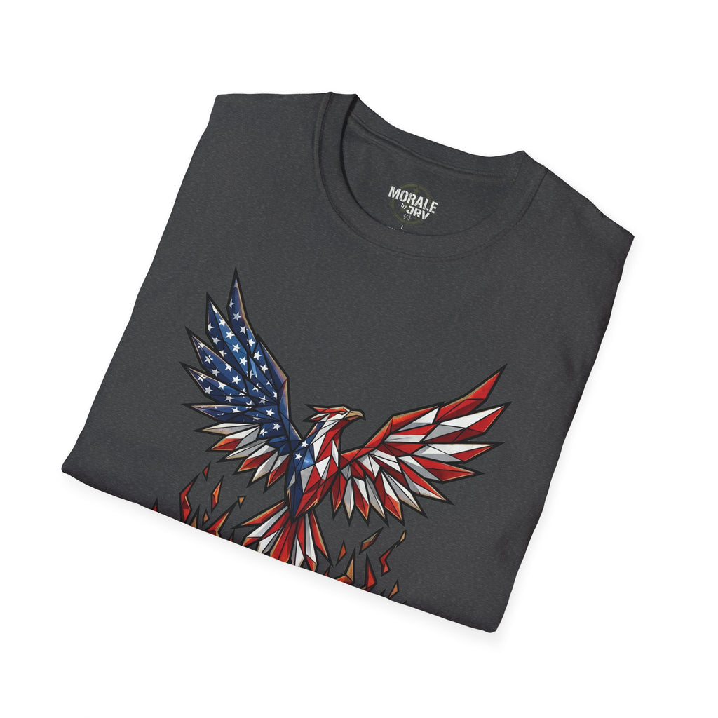 Dark Heather T-shirt with red-white-blue geometric eagle graphic