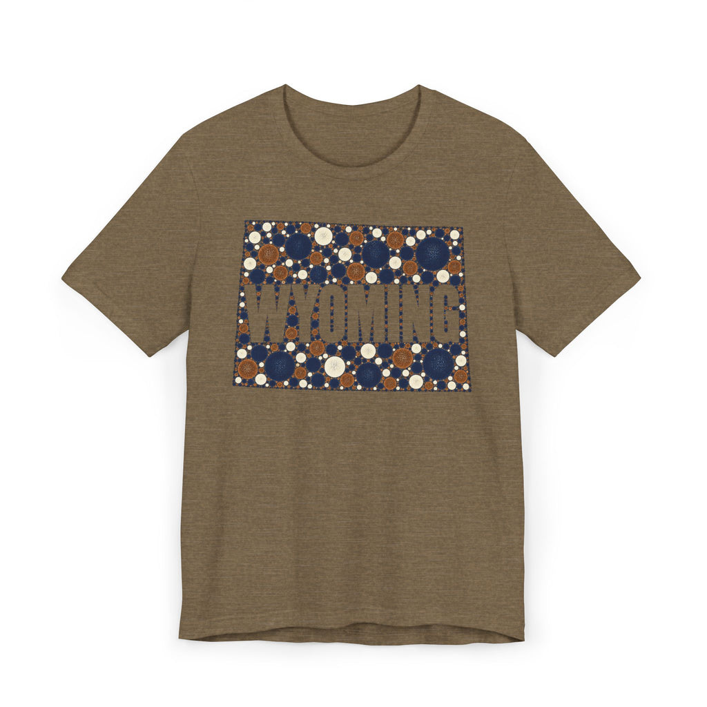 Brown crew-neck T-shirt with Wyoming polka-dot map graphic and WYOMING text