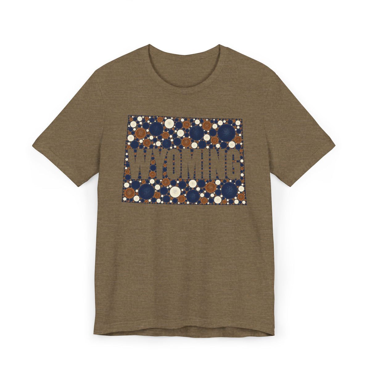 Brown crew-neck T-shirt with Wyoming polka-dot map graphic and WYOMING text