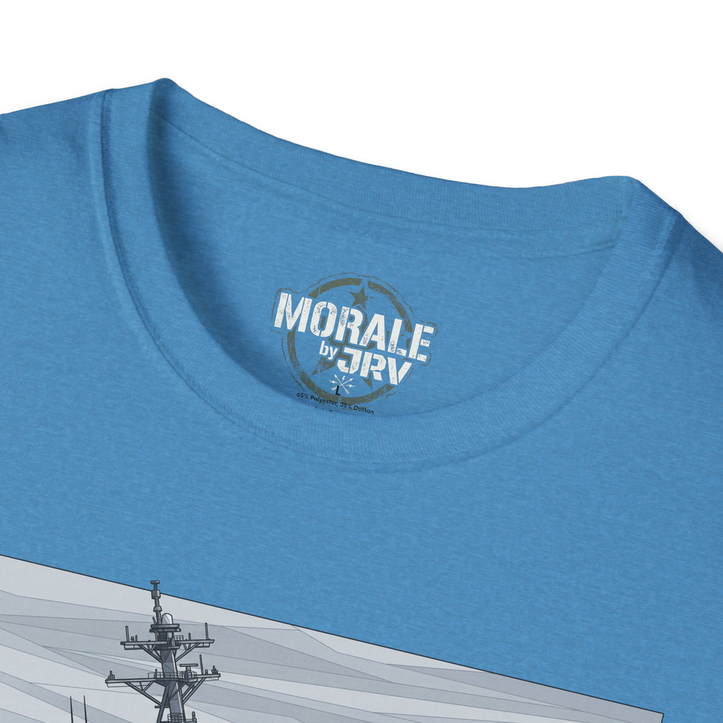 Light blue T-shirt neckline with small chest logo print