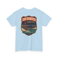 Light blue T-shirt with San Francisco city luggage tag badge graphic
