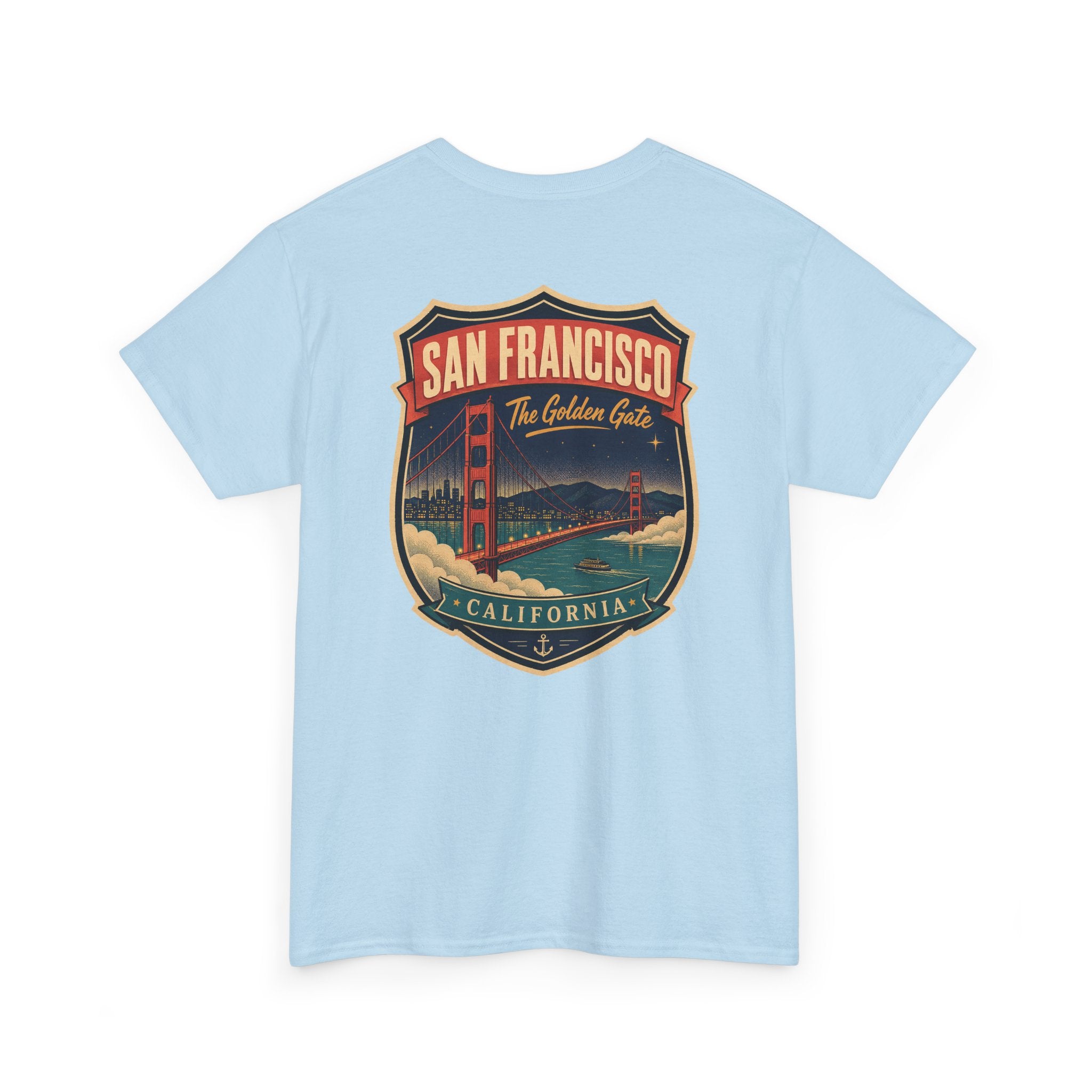 Light blue T-shirt with San Francisco city luggage tag badge graphic
