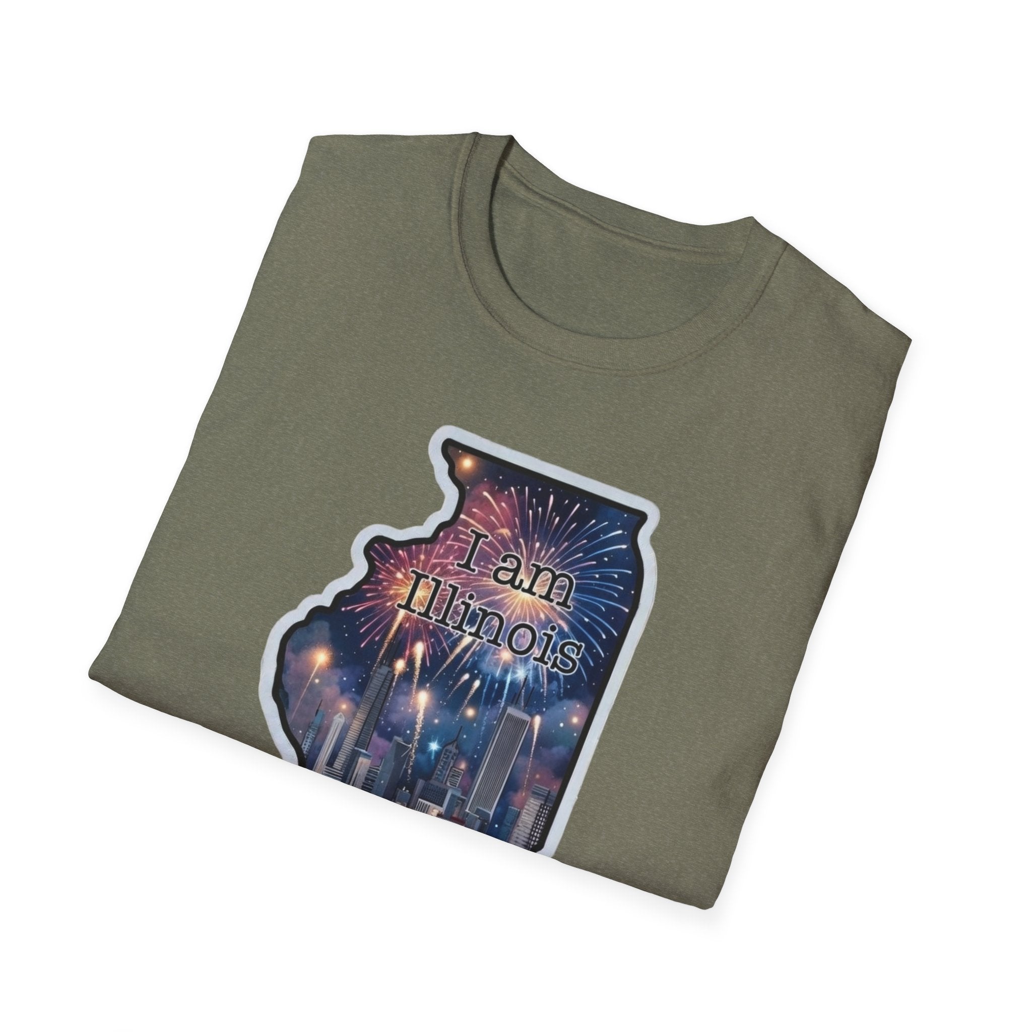 Olive T-Shirt mit Illinois-Kontur, Feuerwerk und Schriftzug „I am Illinois“