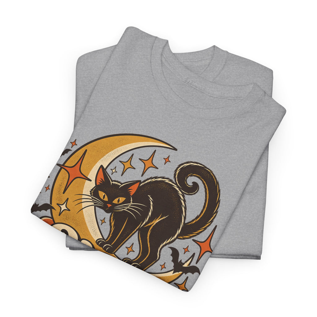 Hex Appeal Black Cat T-Shirt, Retro Crescent Moon Witchy Halloween Shirt for Women and Men, Funny Spooky Cat Lover Tee