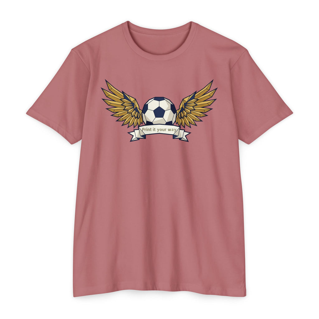 Unisex soccer t-shirt in dusty rose with winged soccer ball front print.