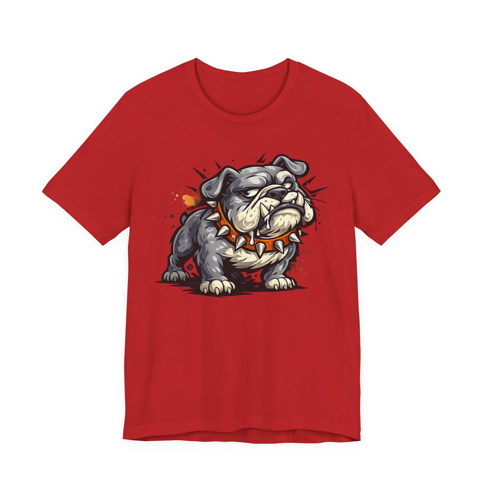 Red crew-neck T-shirt with snarling bulldog graphic illustration on chest