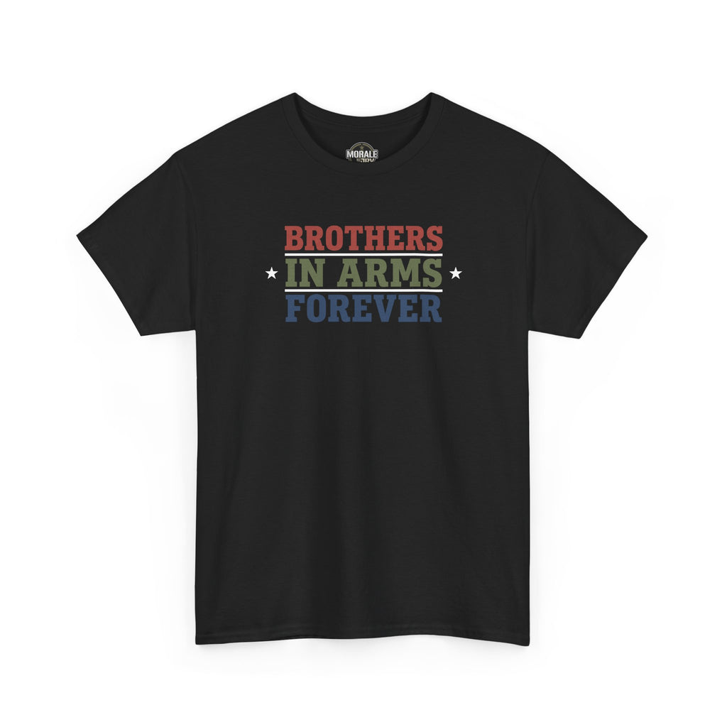 Black crew-neck T-shirt with multicolor retro block text graphic on chest