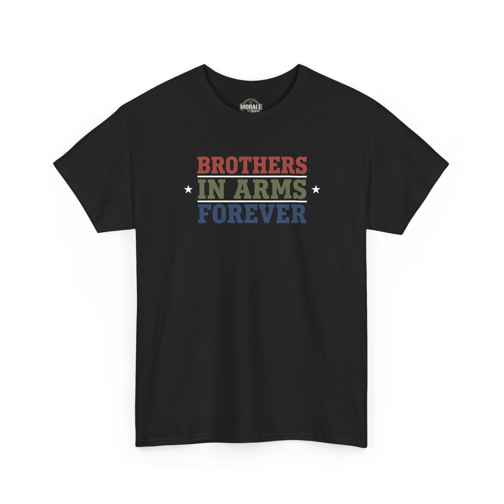 Black crew-neck T-shirt with multicolor retro block text graphic on chest