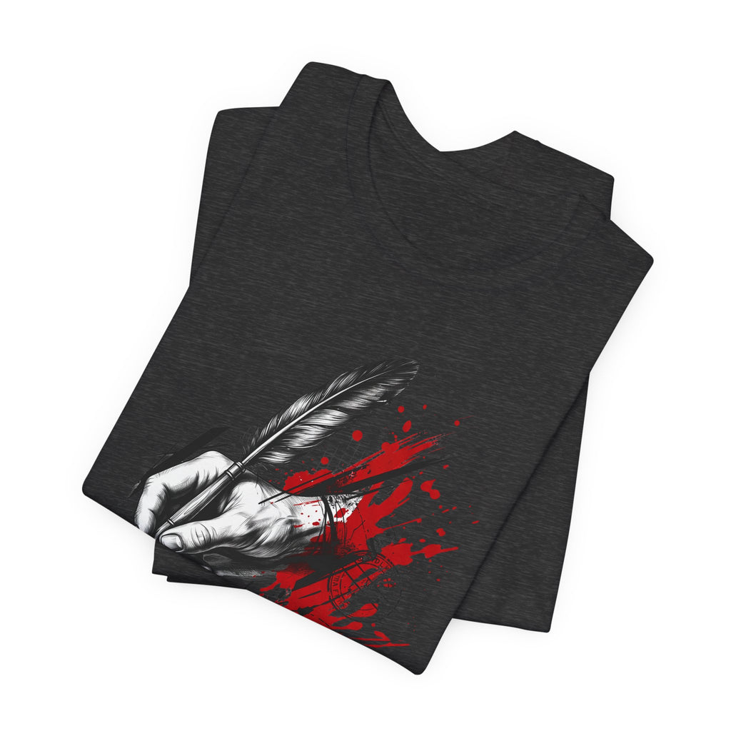 Black T-shirt with quill-and-glove graphic and red ink splash print