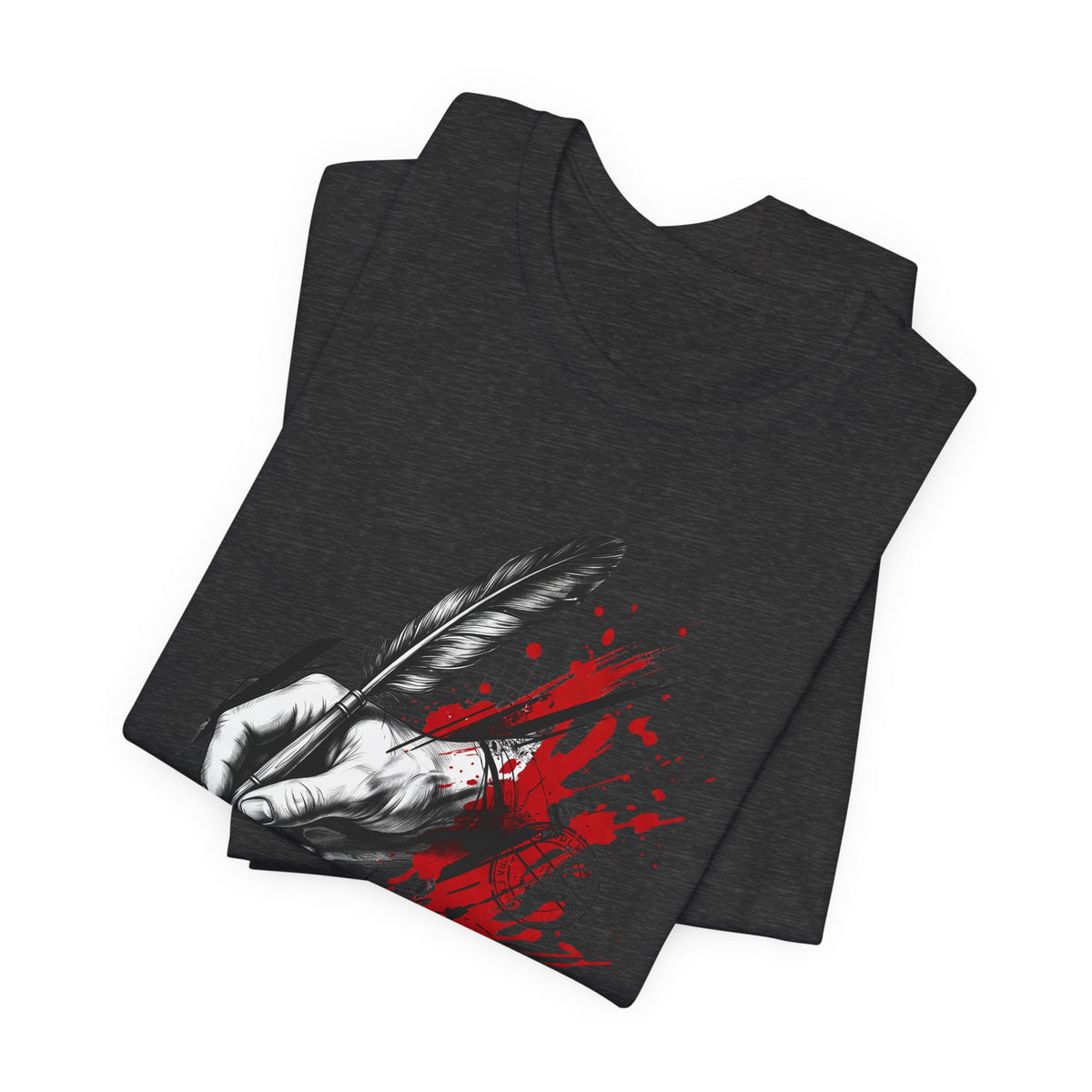 Black T-shirt with quill-and-glove graphic and red ink splash print