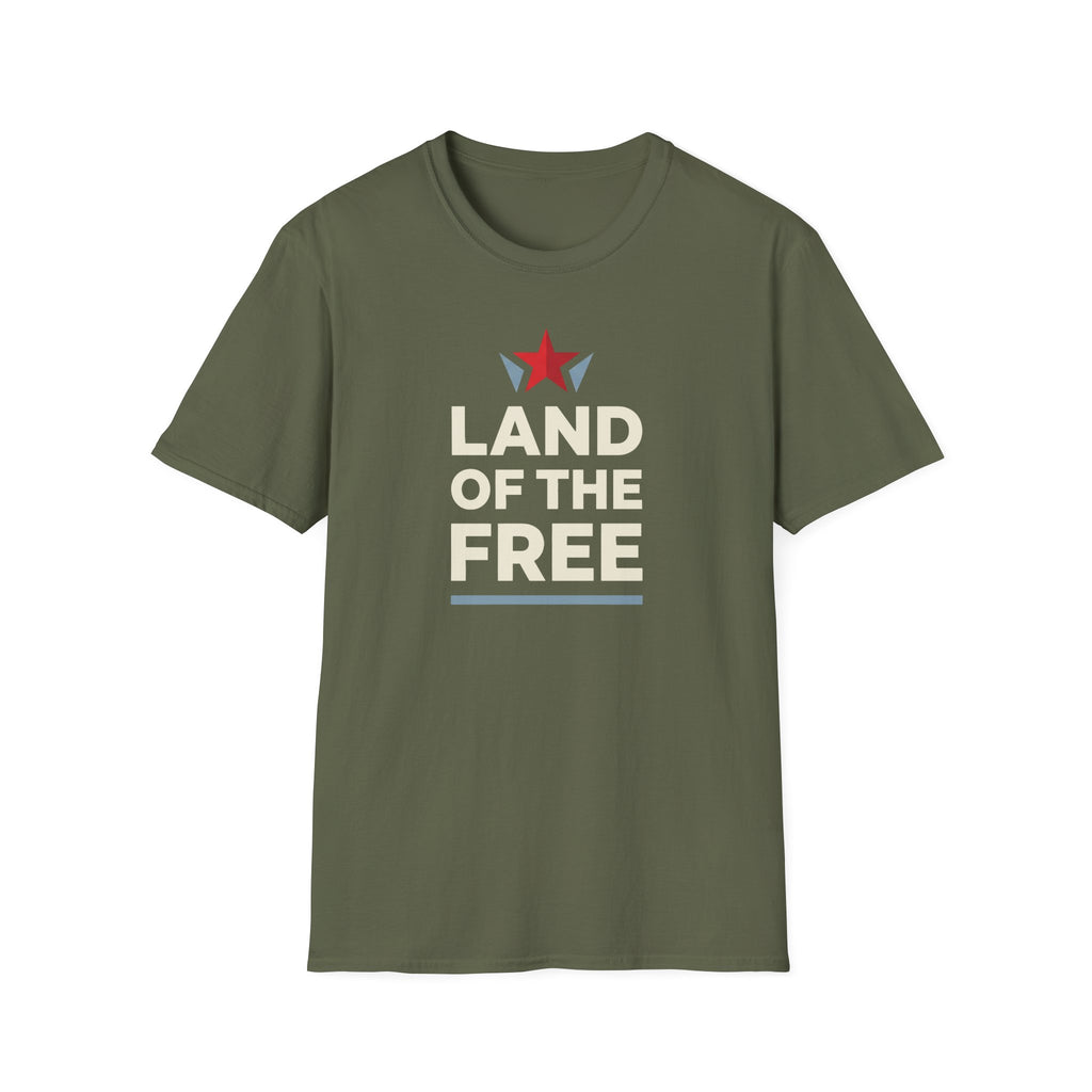 Olive green crew-neck T-shirt with red star and white “LAND OF THE FREE” text