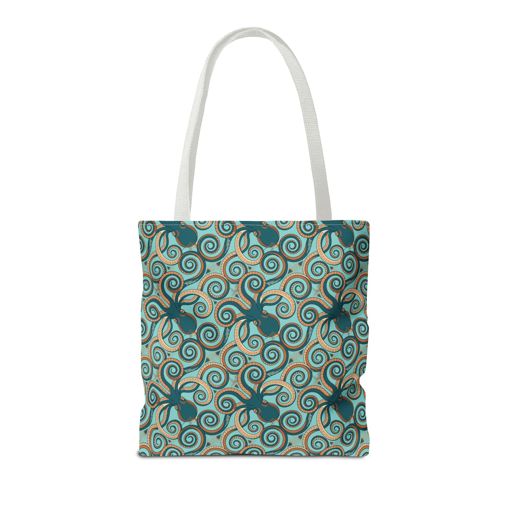 Octopus swirl tote bag with teal and turquoise all-over pattern, white handles.