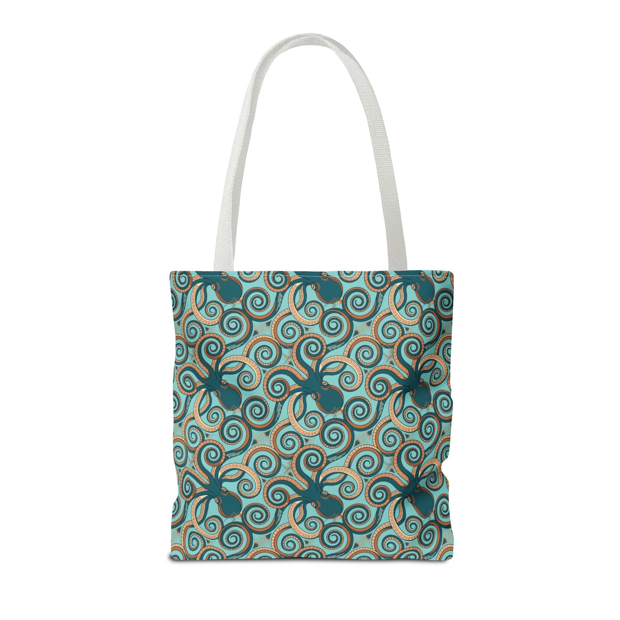 Octopus swirl tote bag with teal and turquoise all-over pattern, white handles.